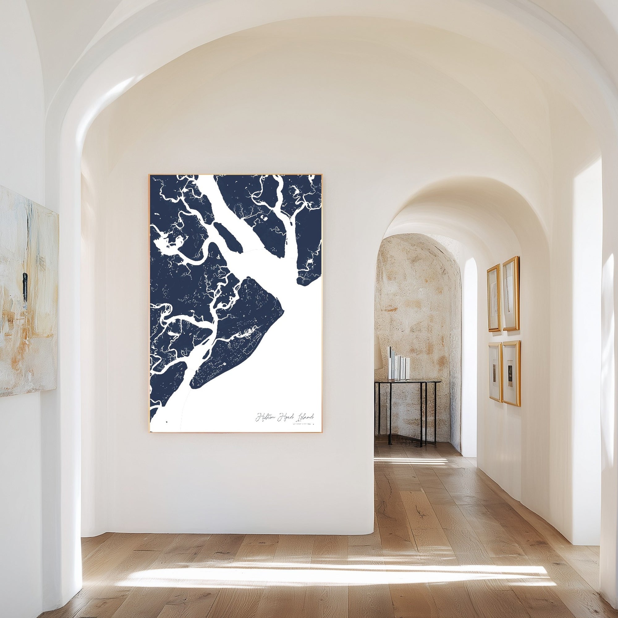 Hilton Head Island navy vertical canvas map in the Bello mixed room scene