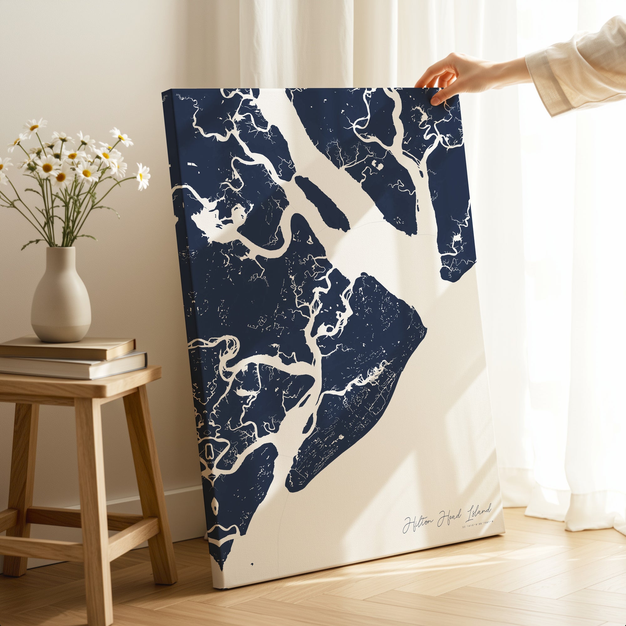 Hilton Head Island navy vertical wrapped canvas map in the ratio 2:3 hand mockup