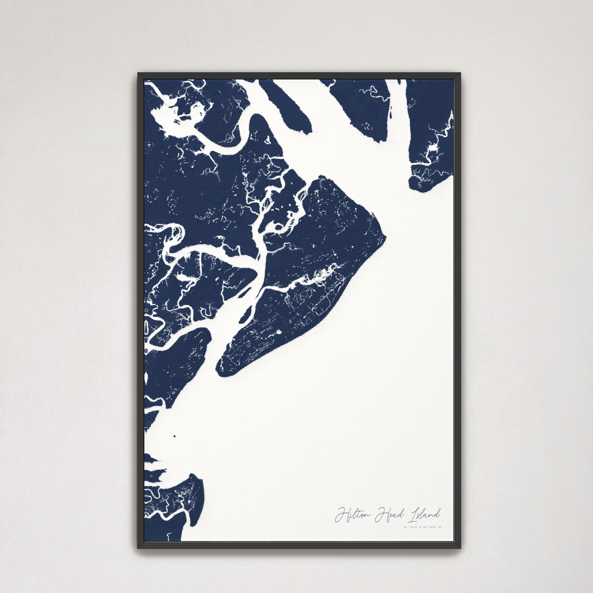 Hilton Head Island Coastal Map — Canvas Vertical, navy, Black Frame