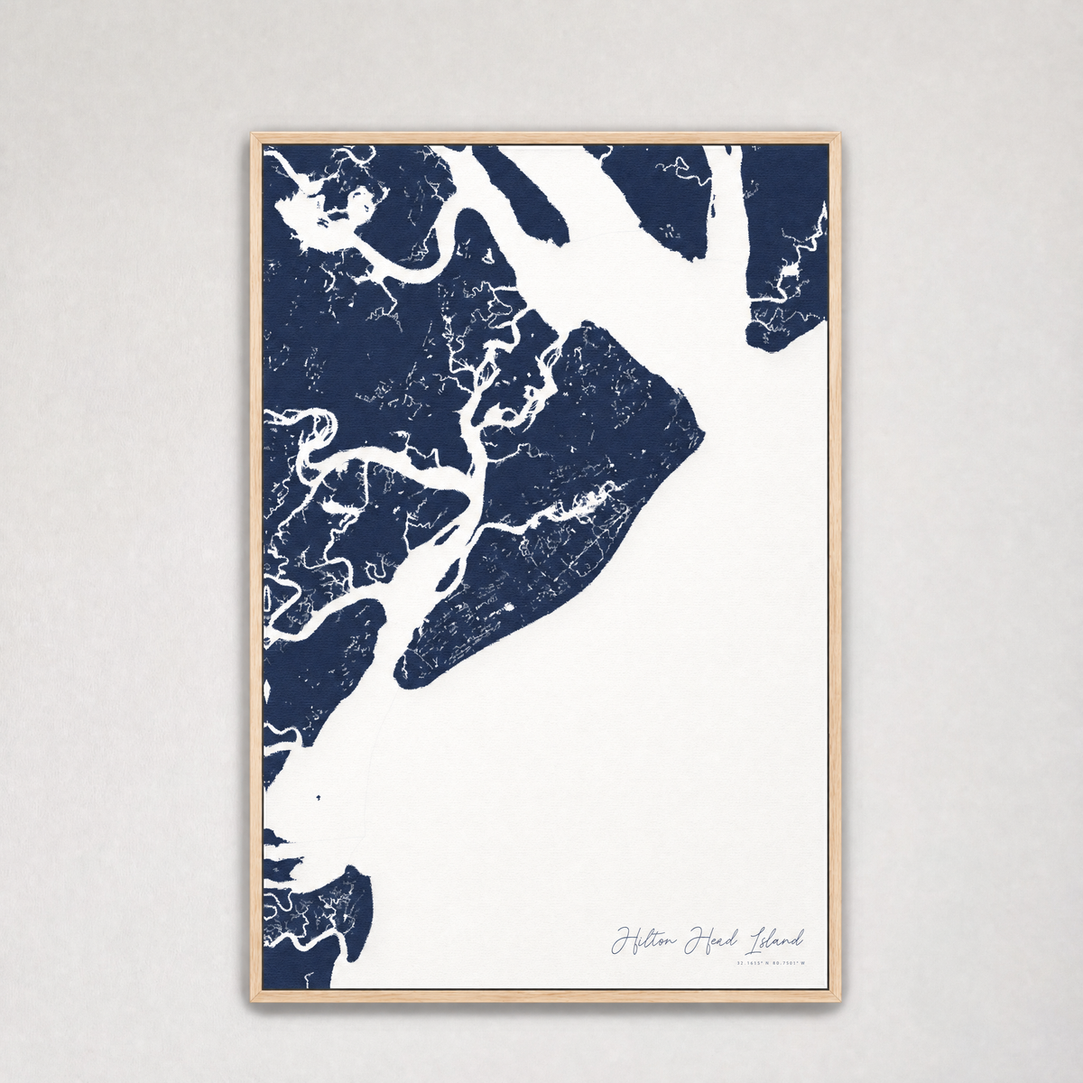 Hilton Head Island Coastal Map — Canvas Vertical — navy, Light Wood