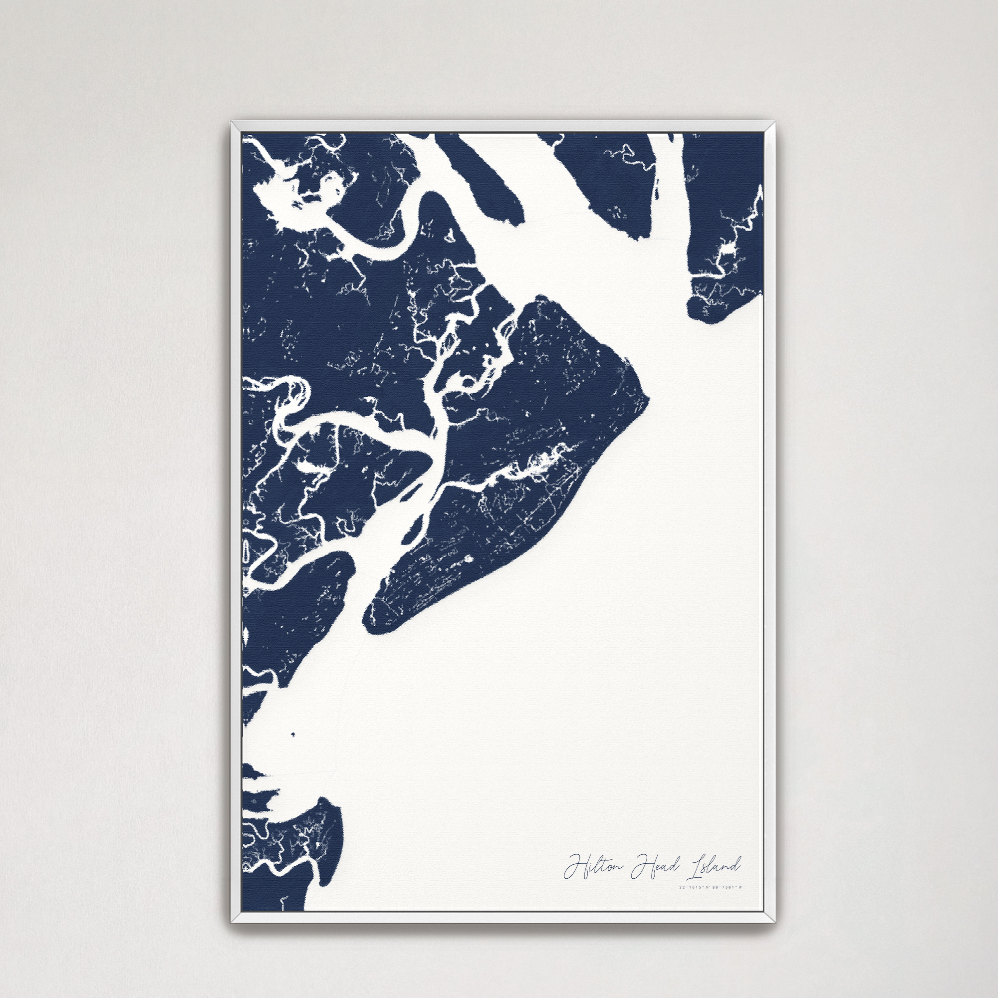 Hilton Head Island Coastal Map — Canvas Vertical, navy, White Frame