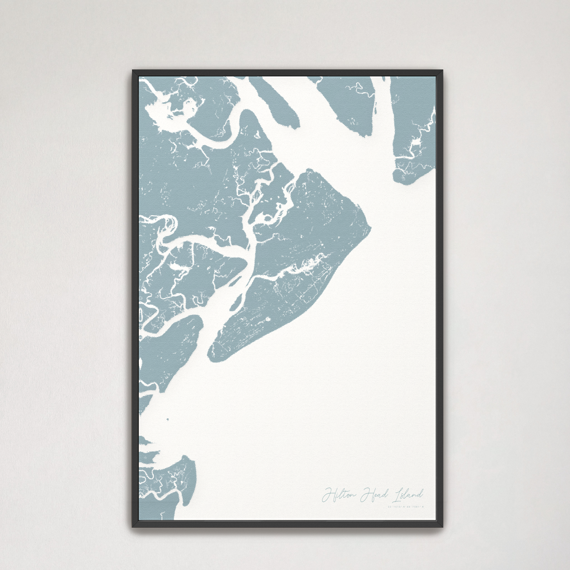 Hilton Head Island Coastal Map — Canvas Vertical, soft-blue, Black Frame