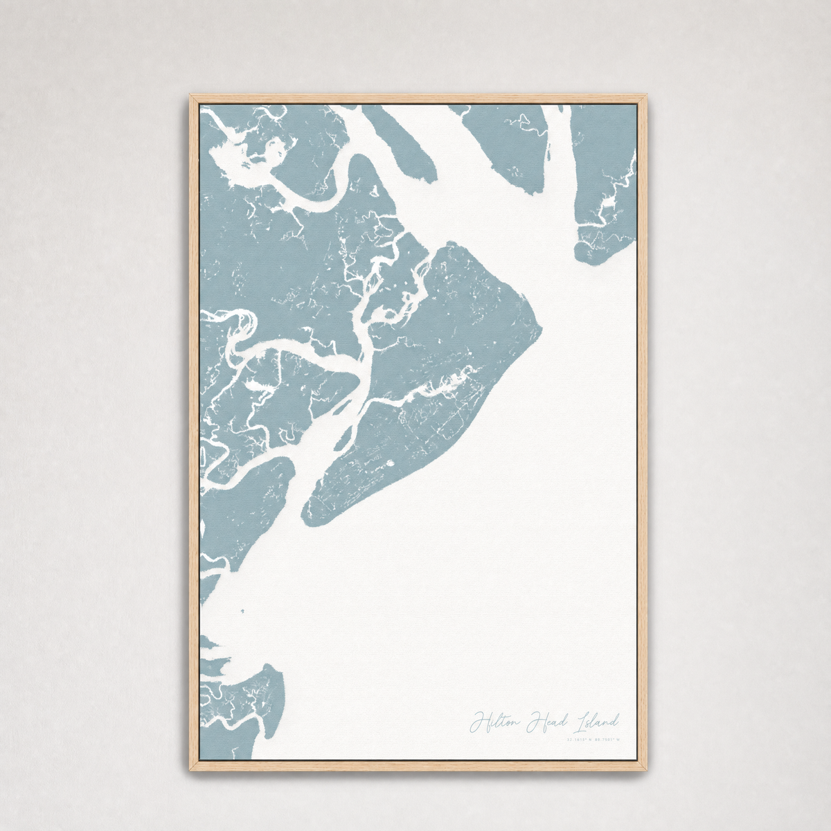 Hilton Head Island Coastal Map — Canvas Vertical — soft-blue, Light Wood