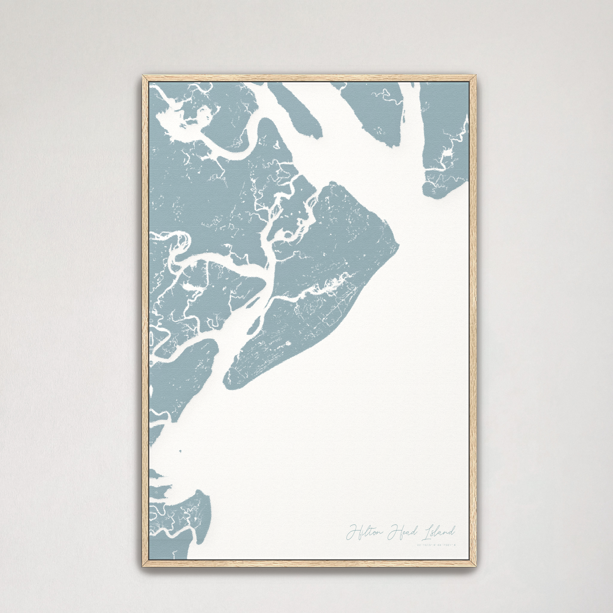 Hilton Head Island Coastal Map — Canvas Vertical, soft-blue, Natural Oak