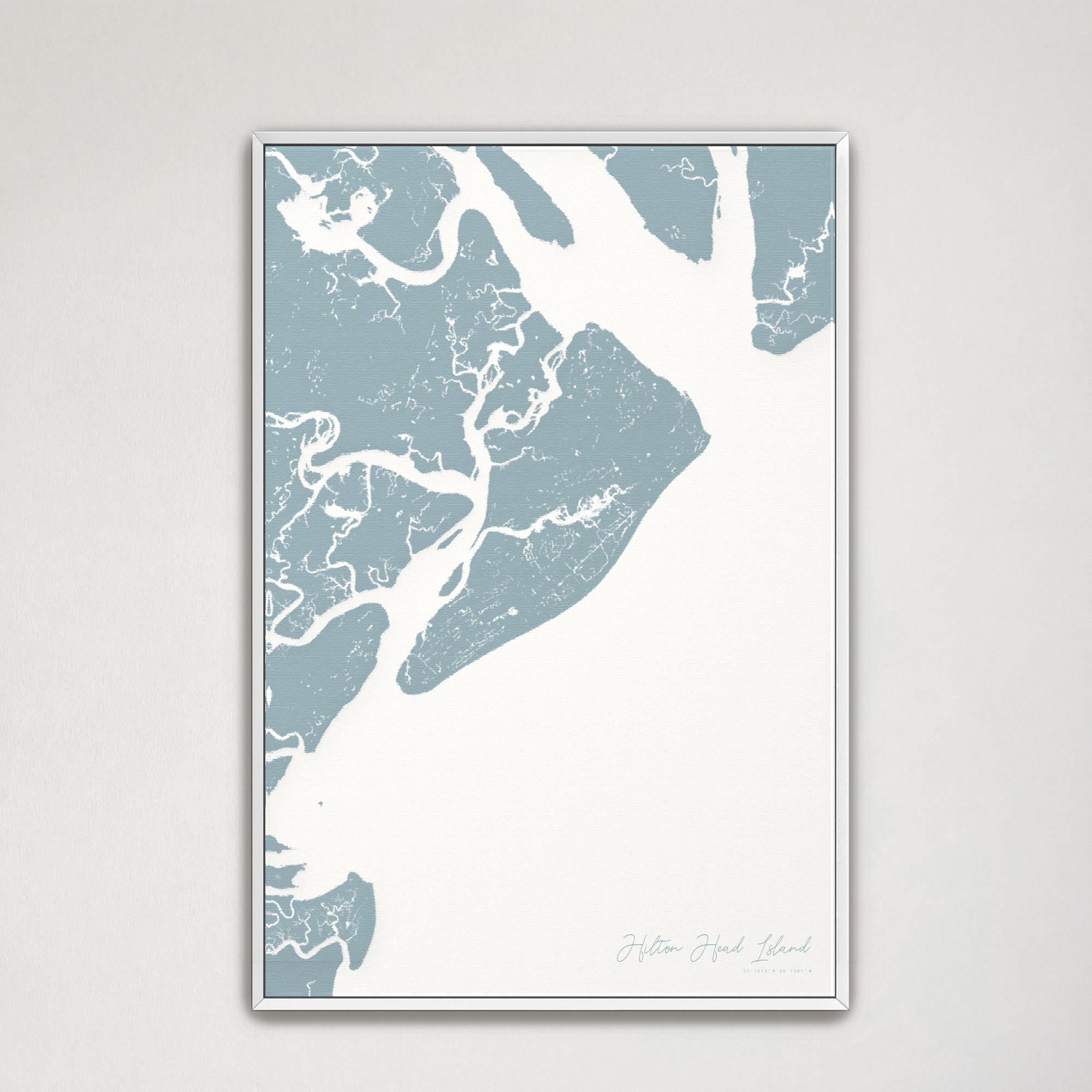 Hilton Head Island Coastal Map — Canvas Vertical, soft-blue, White Frame