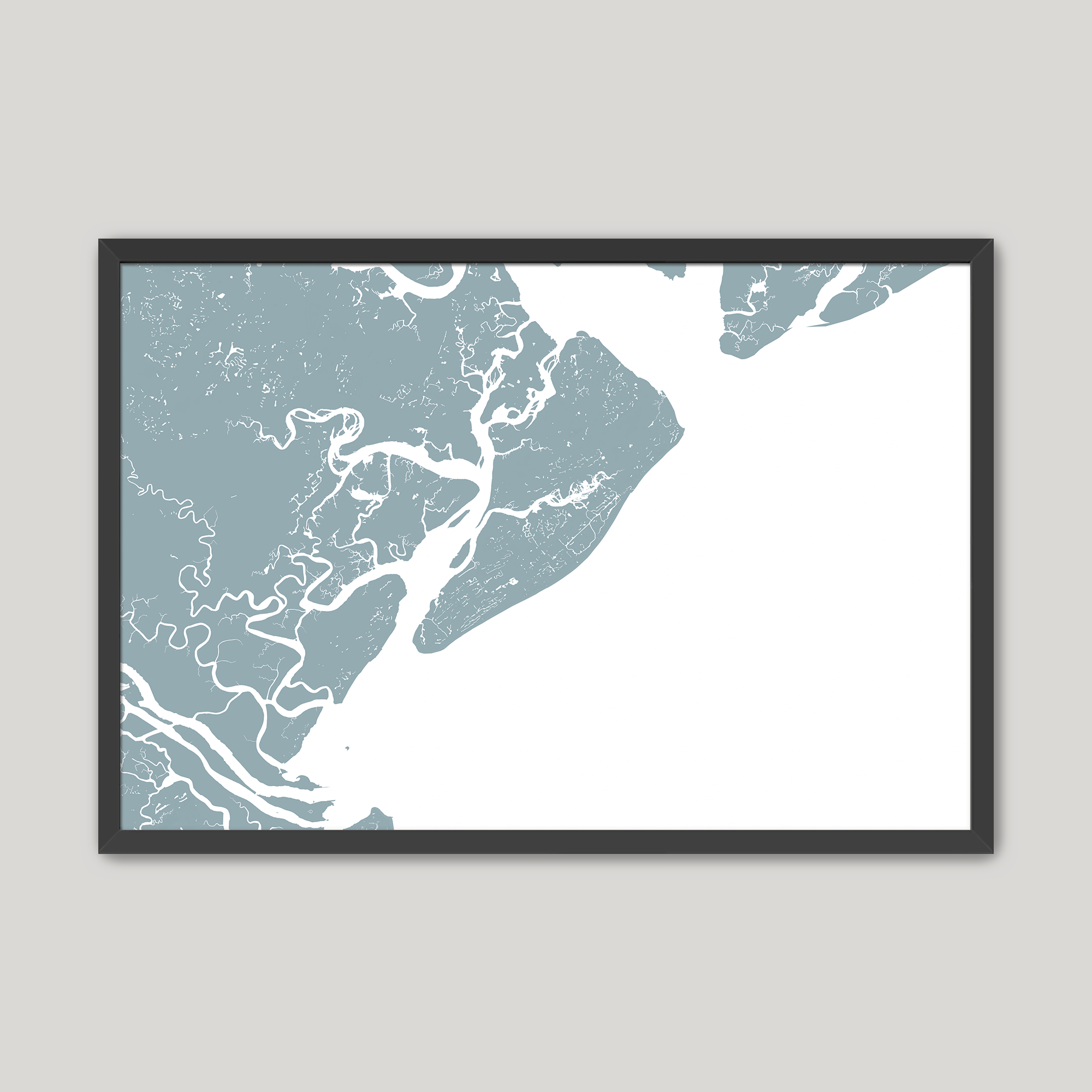 Hilton Head Island Coastal Map — Fine Art Print Horizontal, soft-blue, Black Frame, 10x8