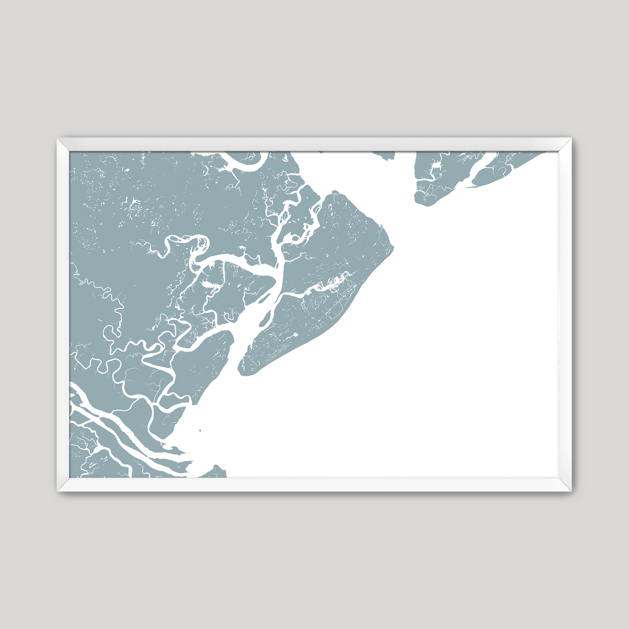 Hilton Head Island Coastal Map — Fine Art Print Horizontal, soft-blue, White Frame, 10x8