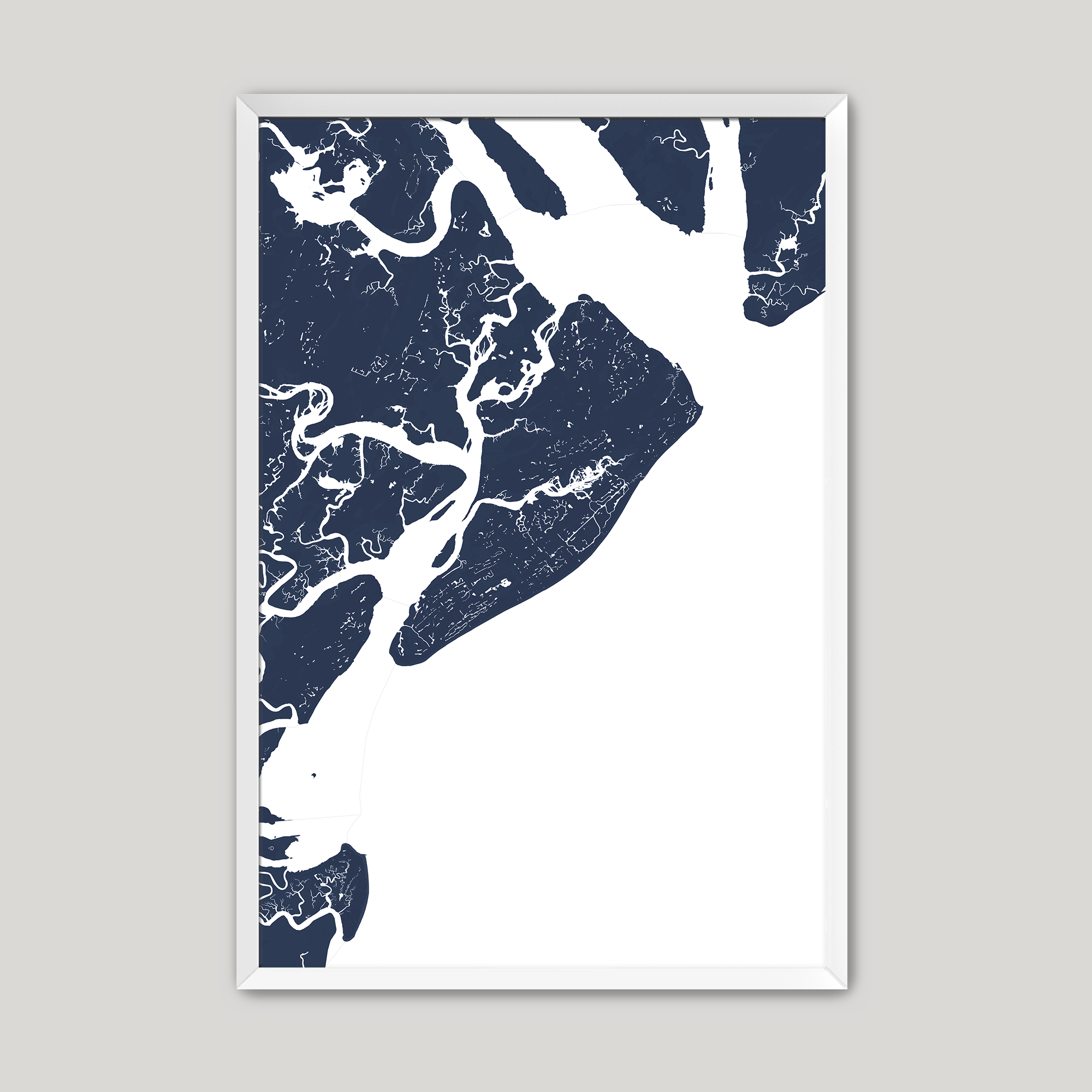 Hilton Head Island Coastal Map — Fine Art Print Vertical, navy, White Frame, 8x10