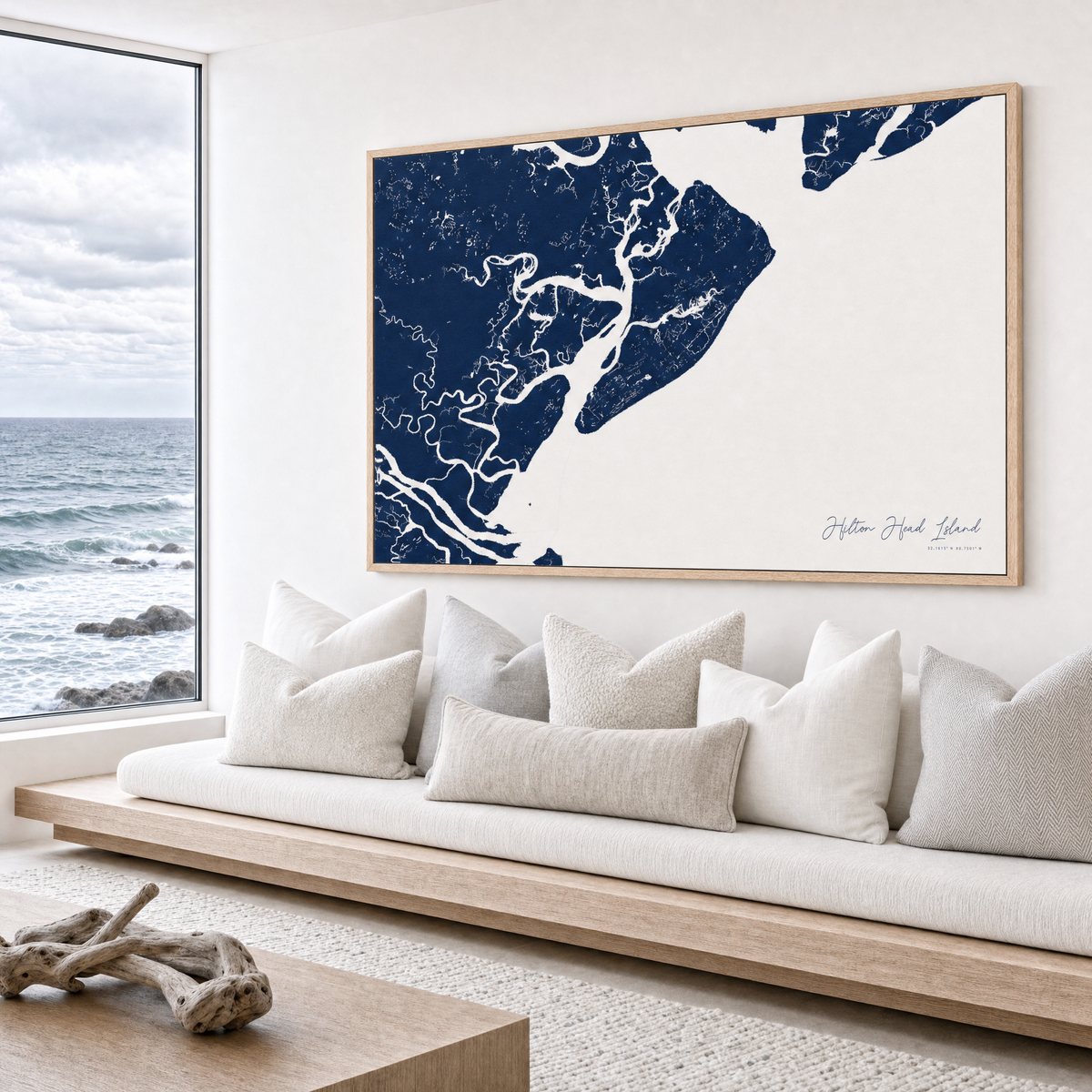 Hilton Head Island canvas map — sea-view bench interior
