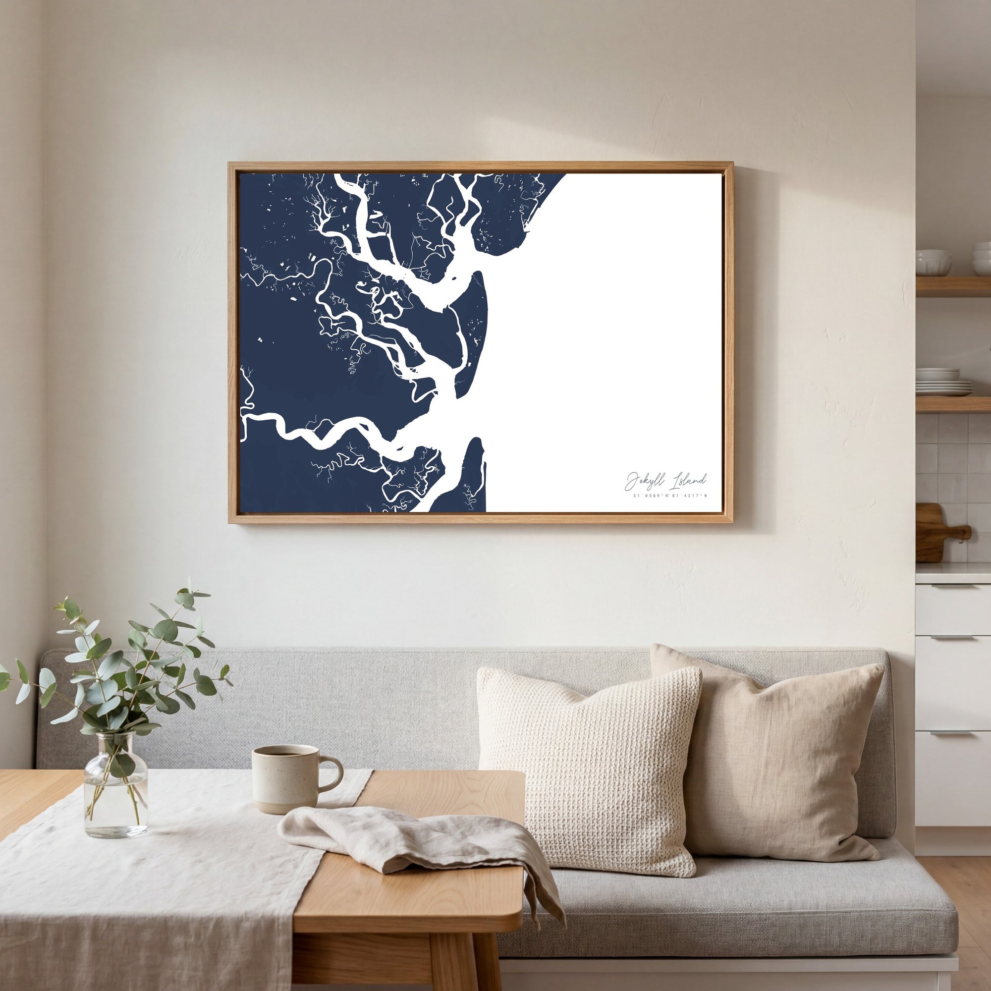 Jekyll Island navy horizontal canvas map in an oak framed room scene