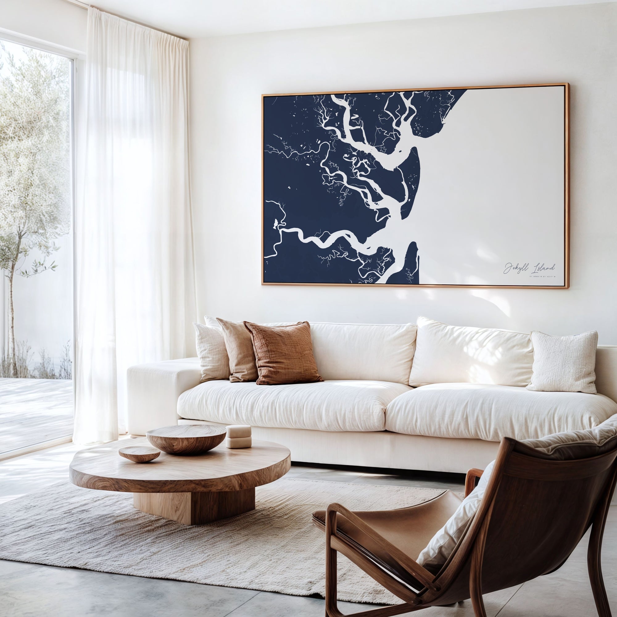 Jekyll Island navy horizontal canvas map in an oak framed room scene