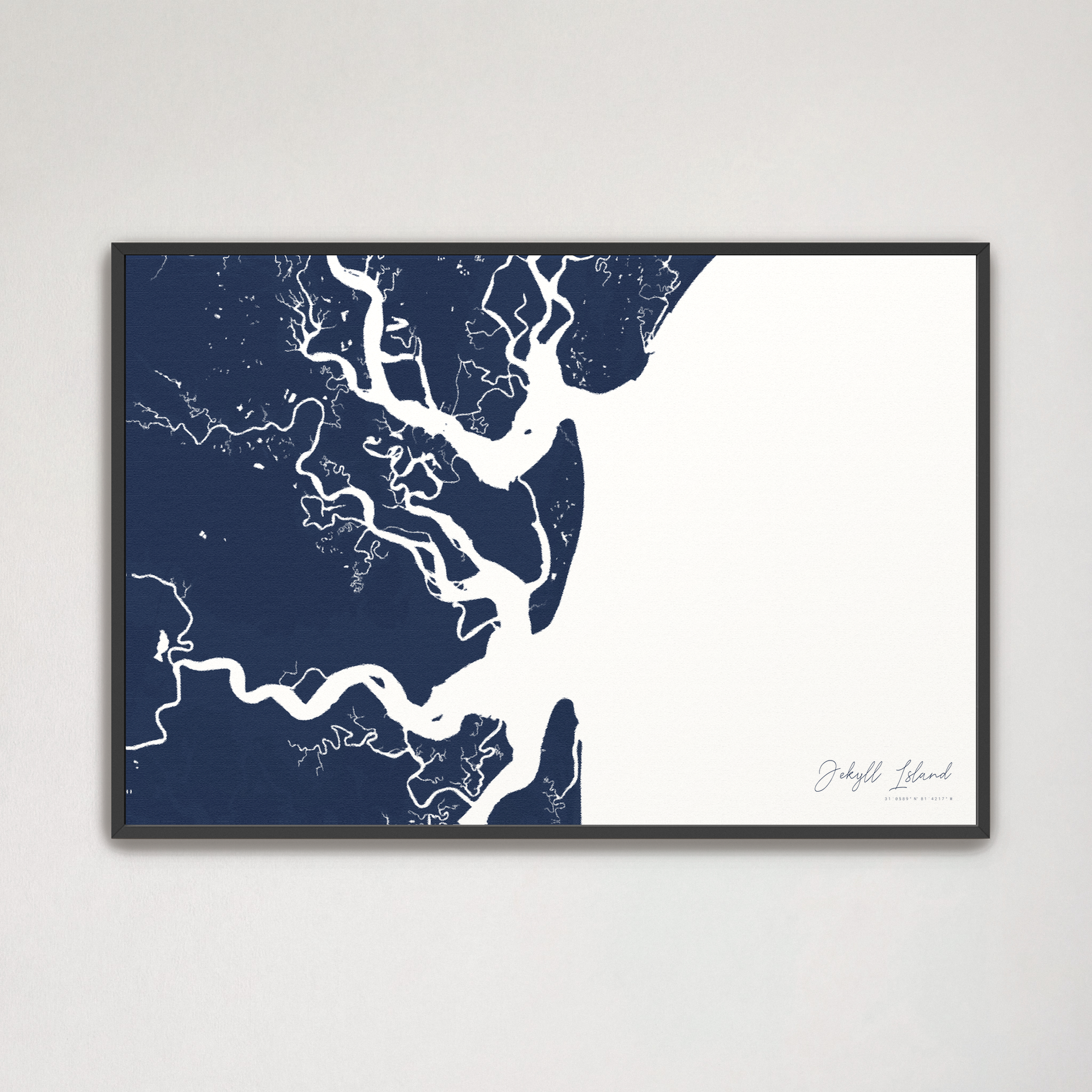Jekyll Island Coastal Map — Canvas Horizontal, navy, Black Frame