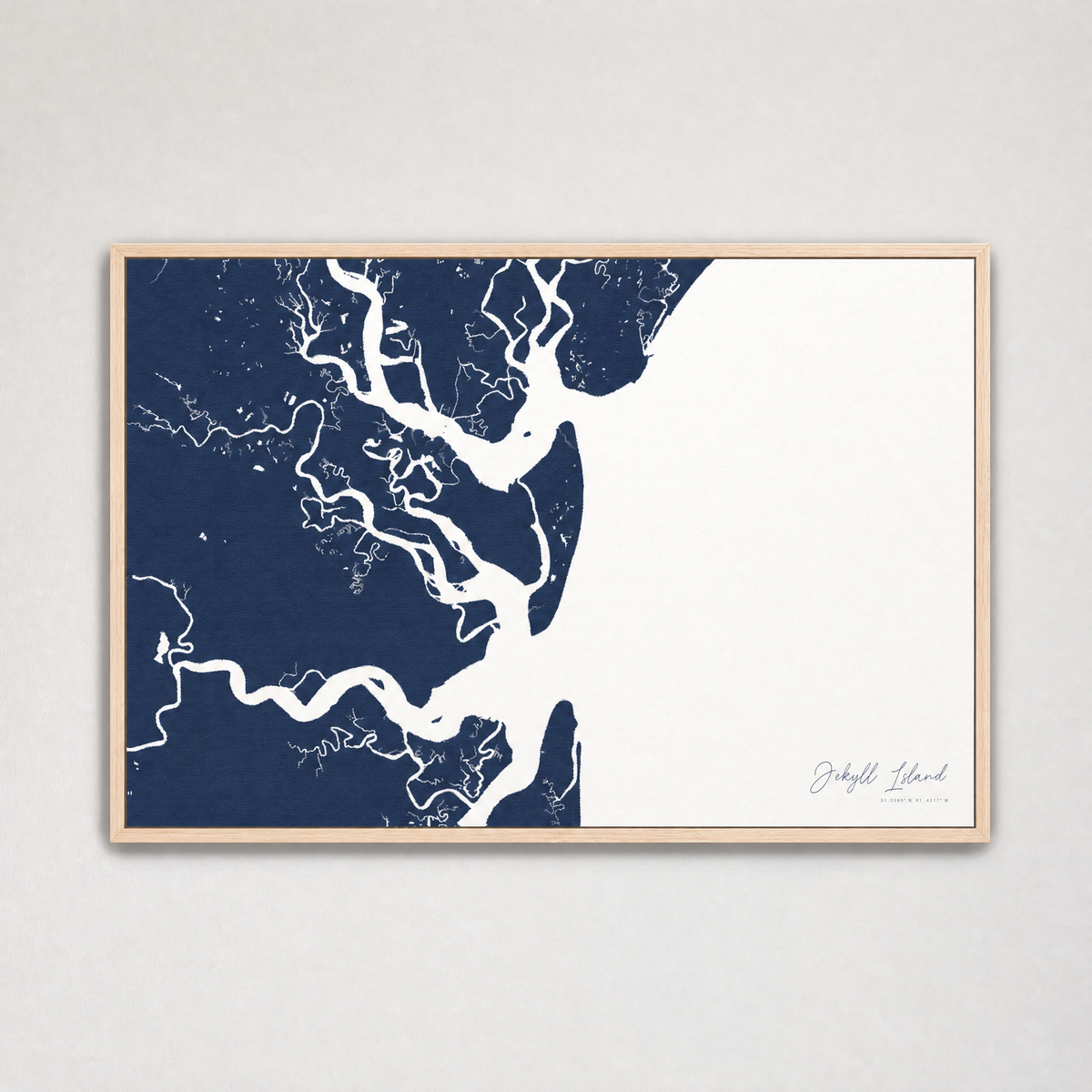 Jekyll Island Coastal Map — Canvas Horizontal — navy, Light Wood