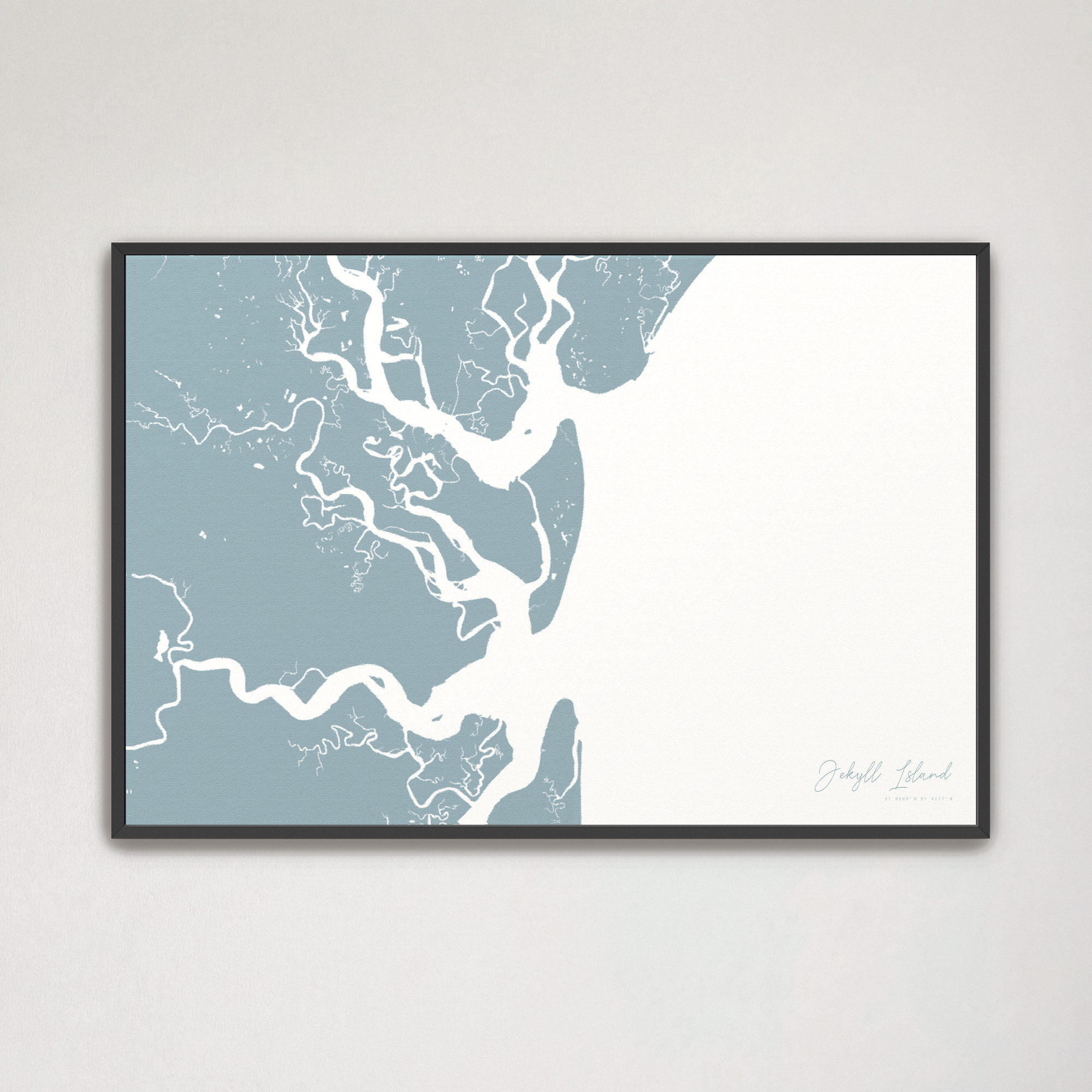 Jekyll Island Coastal Map — Canvas Horizontal, soft-blue, Black Frame