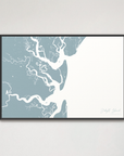 Jekyll Island Coastal Map — Canvas Horizontal, soft-blue, Black Frame