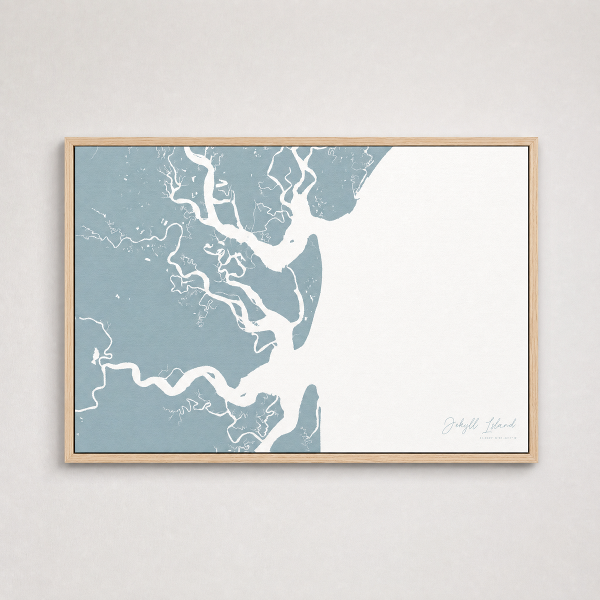 Jekyll Island Coastal Map — Canvas Horizontal — soft-blue, Light Wood
