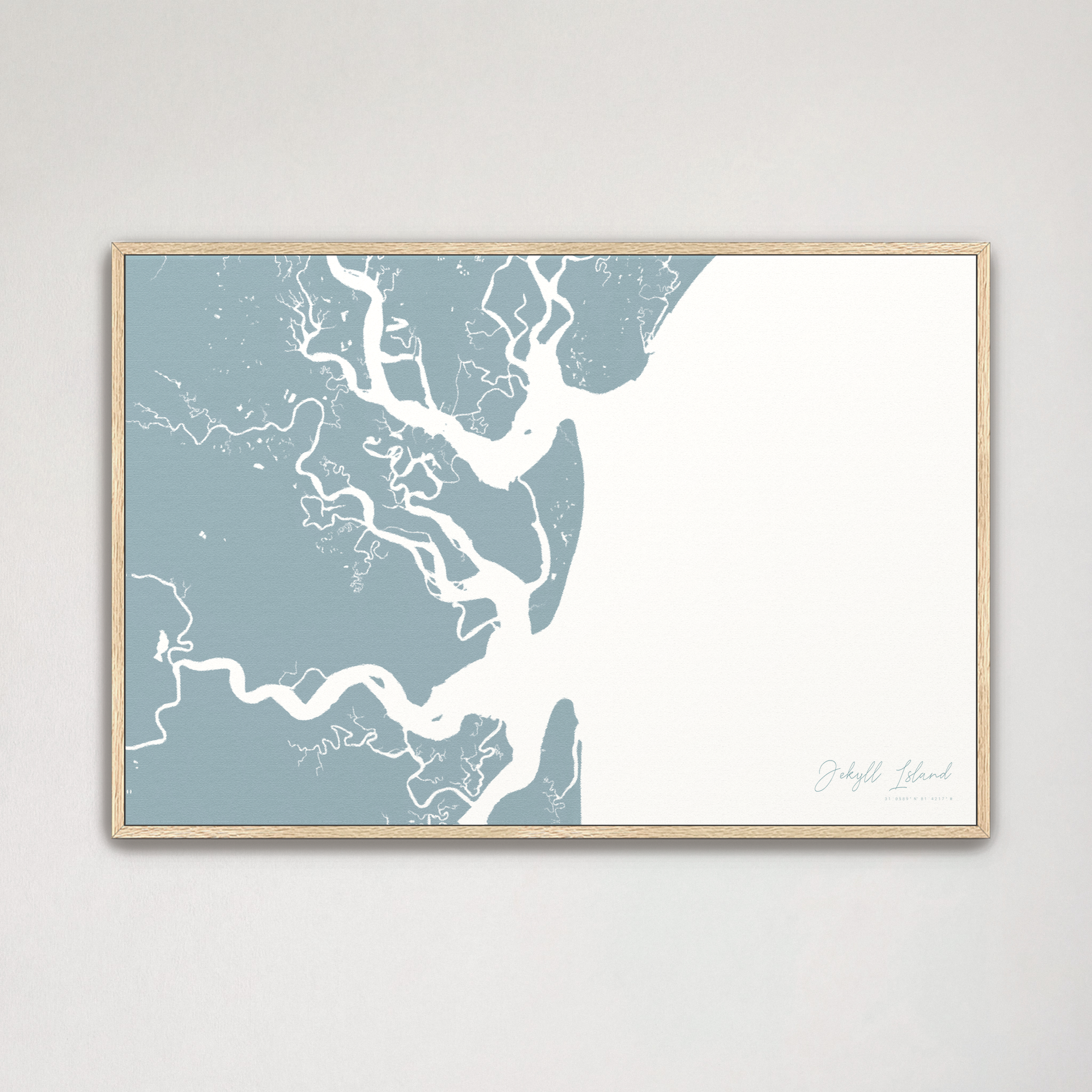 Jekyll Island Coastal Map — Canvas Horizontal, soft-blue, Natural Oak