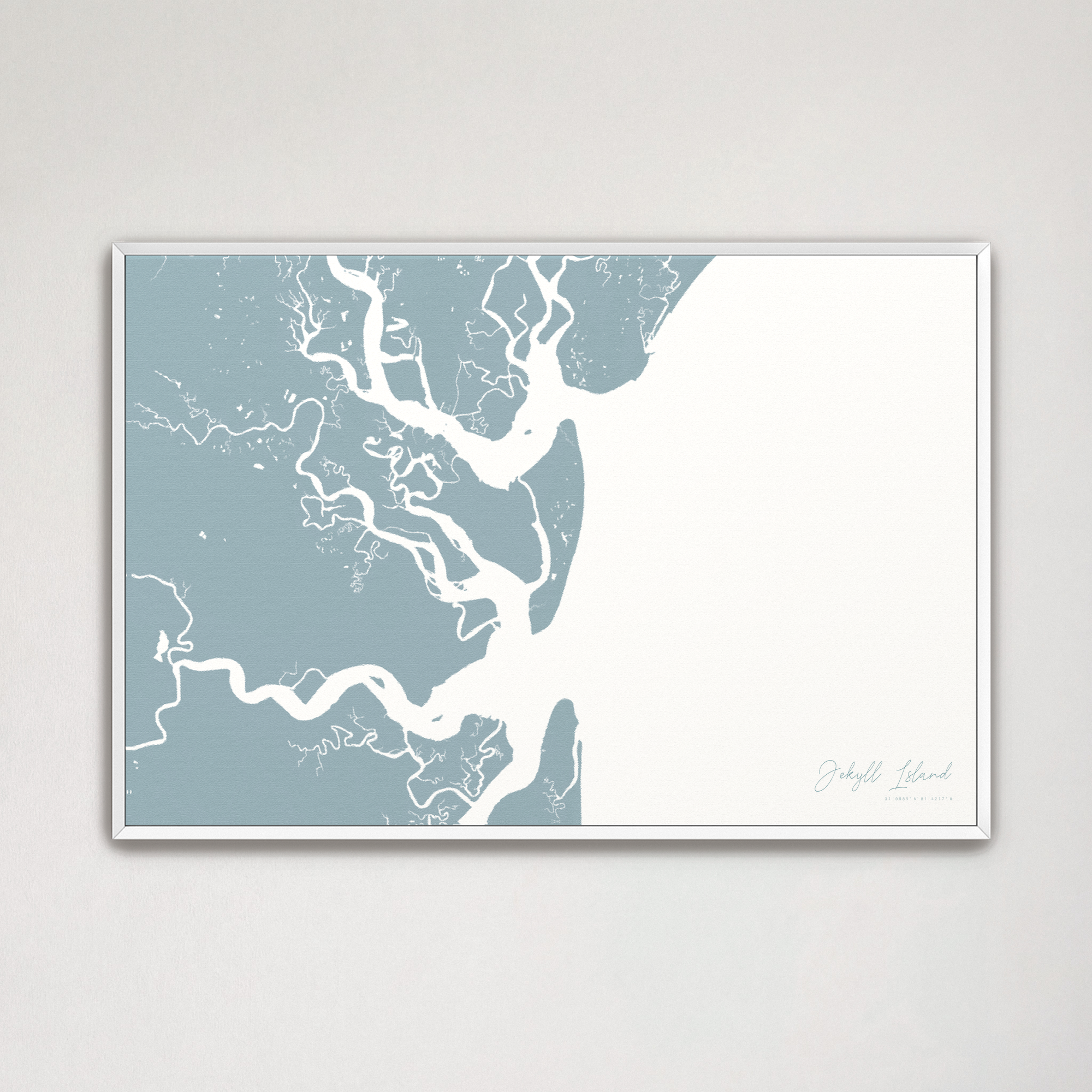 Jekyll Island Coastal Map — Canvas Horizontal, soft-blue, White Frame