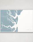Jekyll Island Coastal Map — Canvas Horizontal, soft-blue, White Frame
