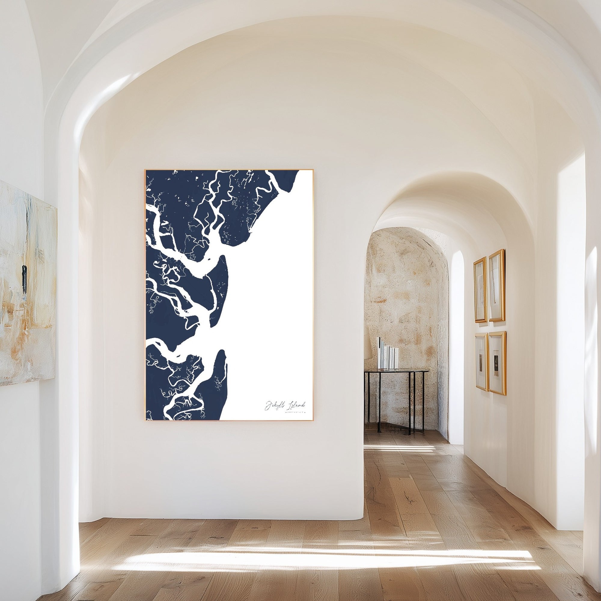 Jekyll Island navy vertical canvas map in the Bello mixed room scene