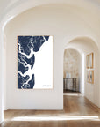 Jekyll Island navy vertical canvas map in the Bello mixed room scene