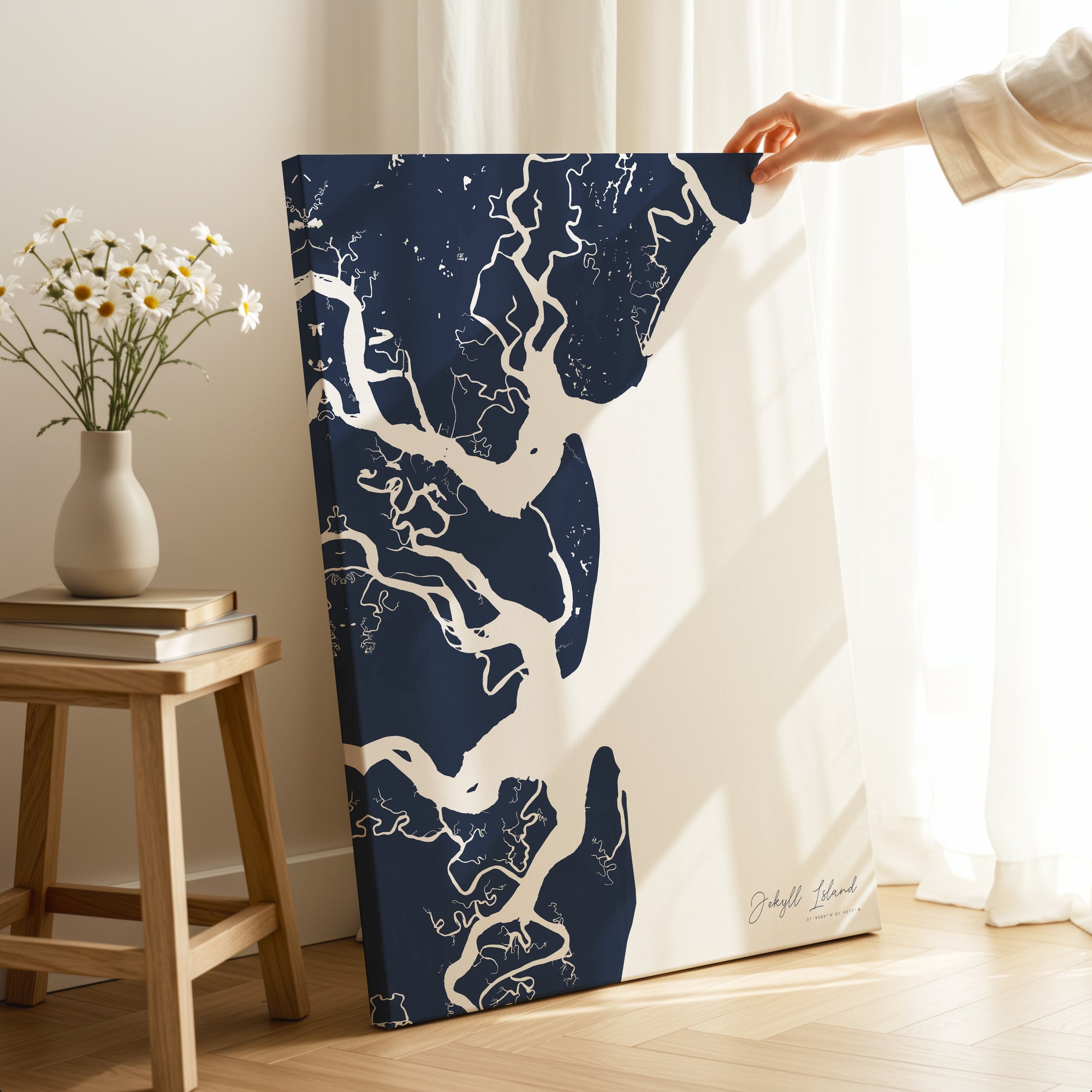 Jekyll Island navy vertical wrapped canvas map in the ratio 2:3 hand mockup