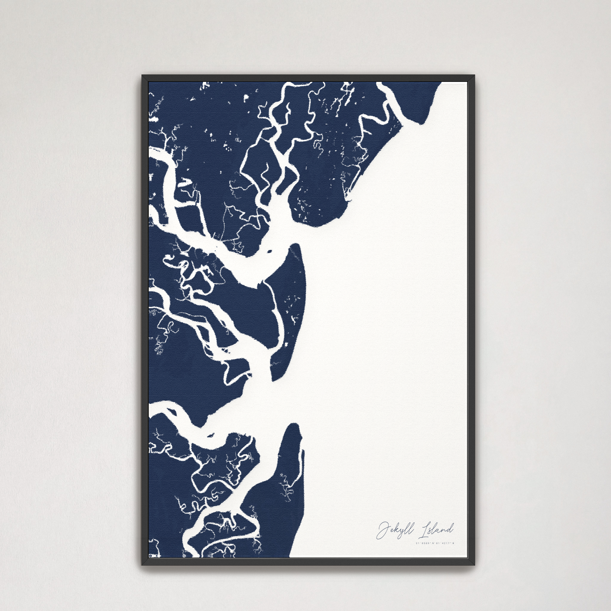 Jekyll Island Coastal Map — Canvas Vertical, navy, Black Frame
