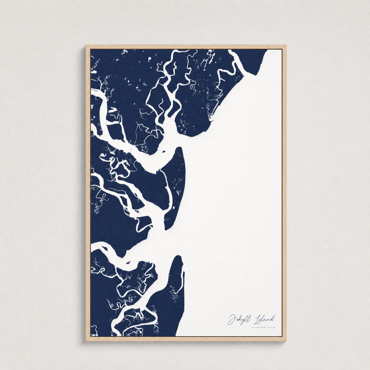 Jekyll Island Coastal Map — Canvas Vertical — navy, Light Wood