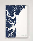 Jekyll Island Coastal Map — Canvas Vertical, navy, White Frame
