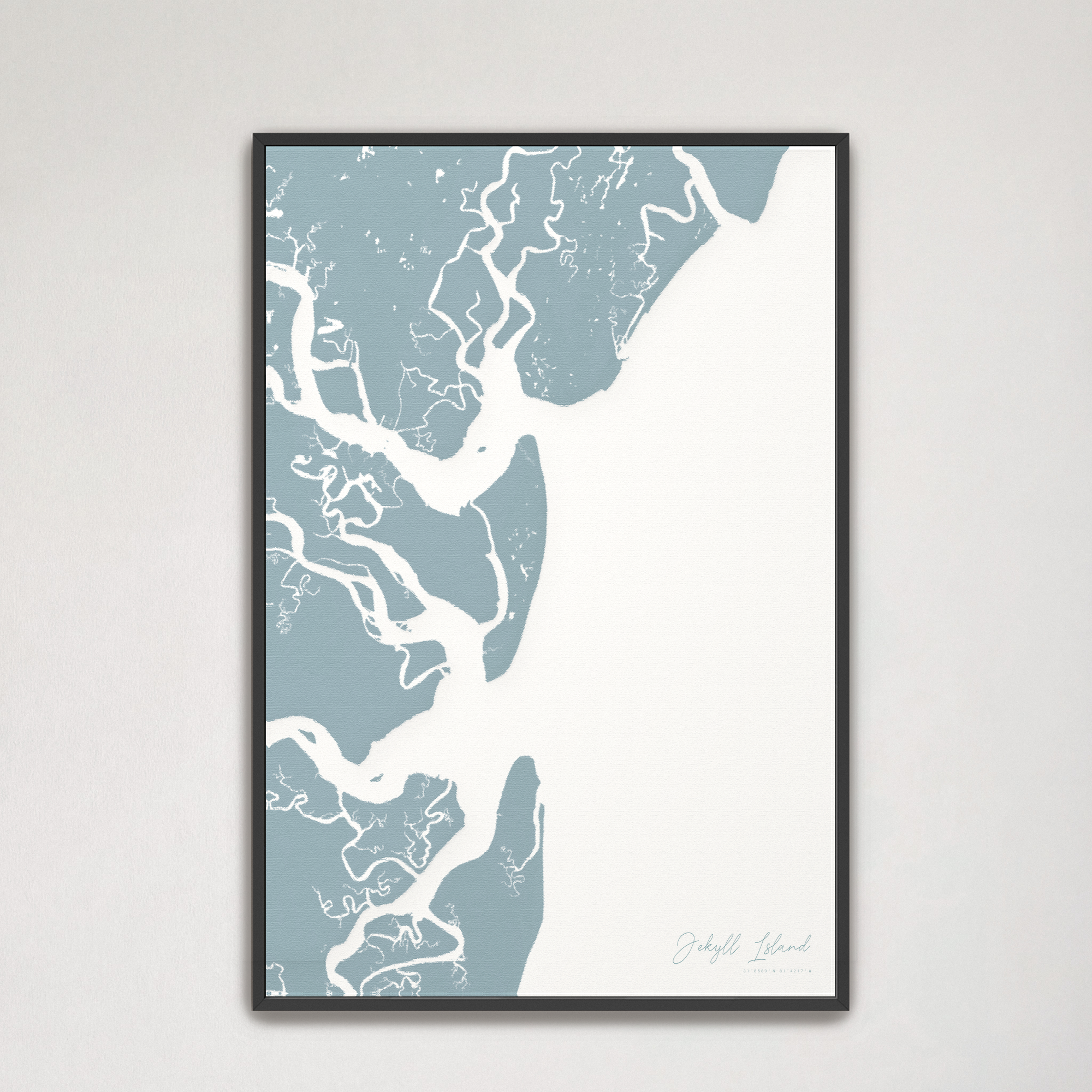 Jekyll Island Coastal Map — Canvas Vertical, soft-blue, Black Frame
