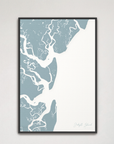 Jekyll Island Coastal Map — Canvas Vertical, soft-blue, Black Frame