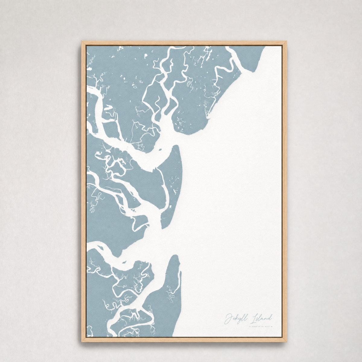 Jekyll Island Coastal Map — Canvas Vertical — soft-blue, Light Wood