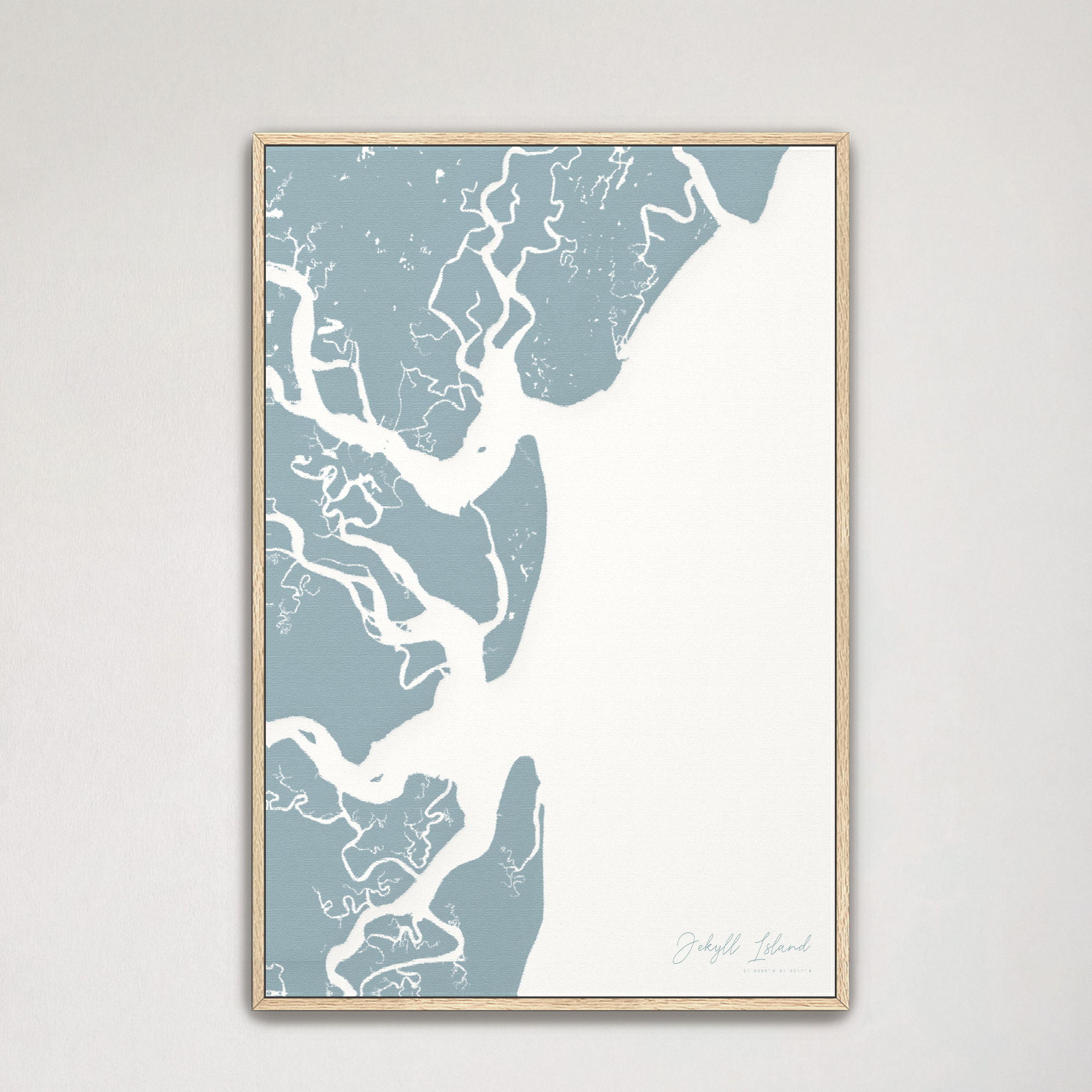 Jekyll Island Coastal Map — Canvas Vertical, soft-blue, Natural Oak