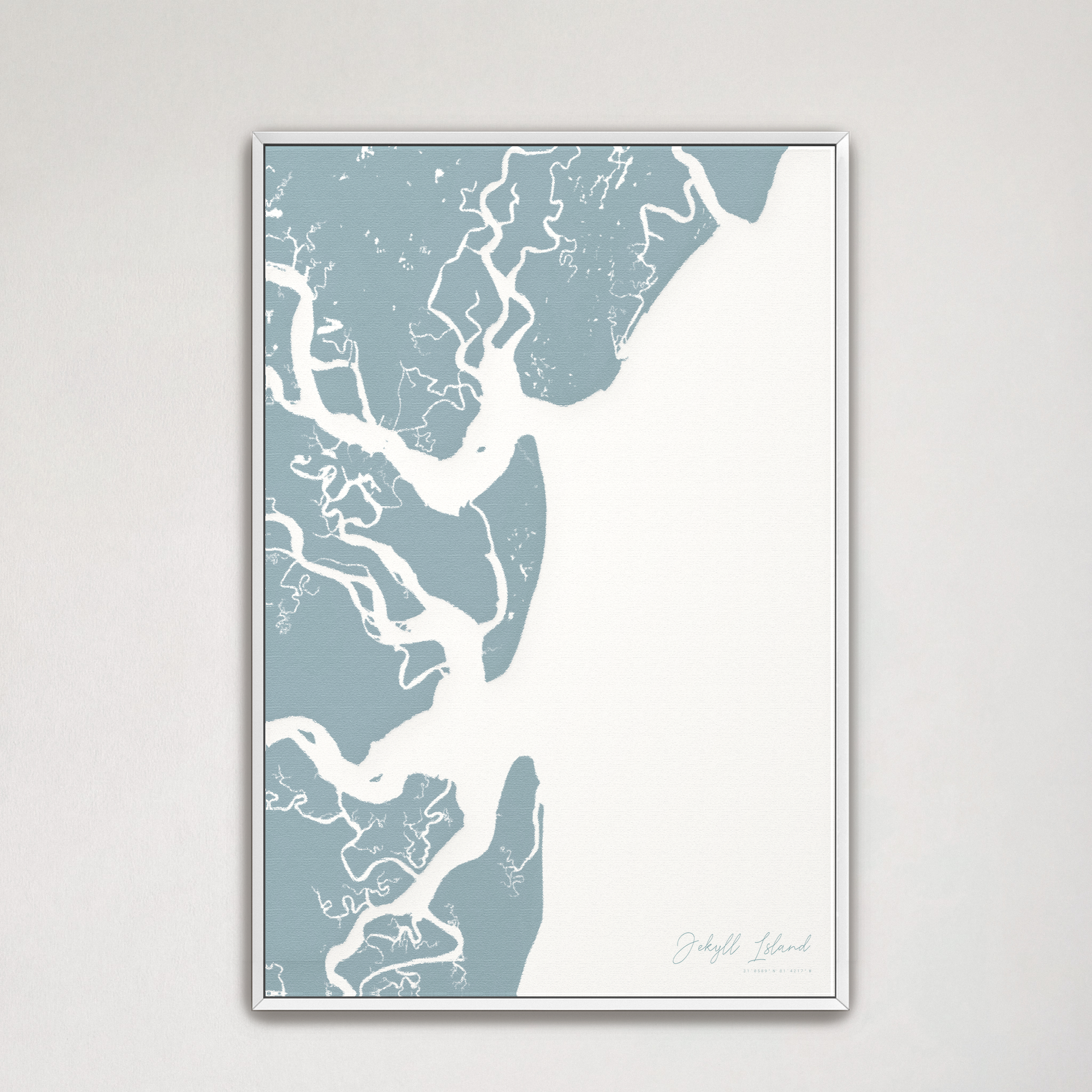 Jekyll Island Coastal Map — Canvas Vertical, soft-blue, White Frame
