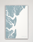 Jekyll Island Coastal Map — Canvas Vertical, soft-blue, White Frame