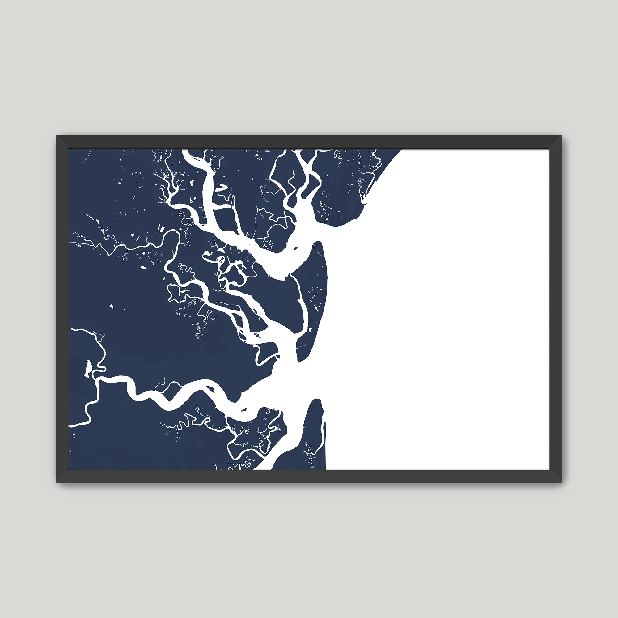 Jekyll Island Coastal Map — Fine Art Print Horizontal, navy, Black Frame, 10x8