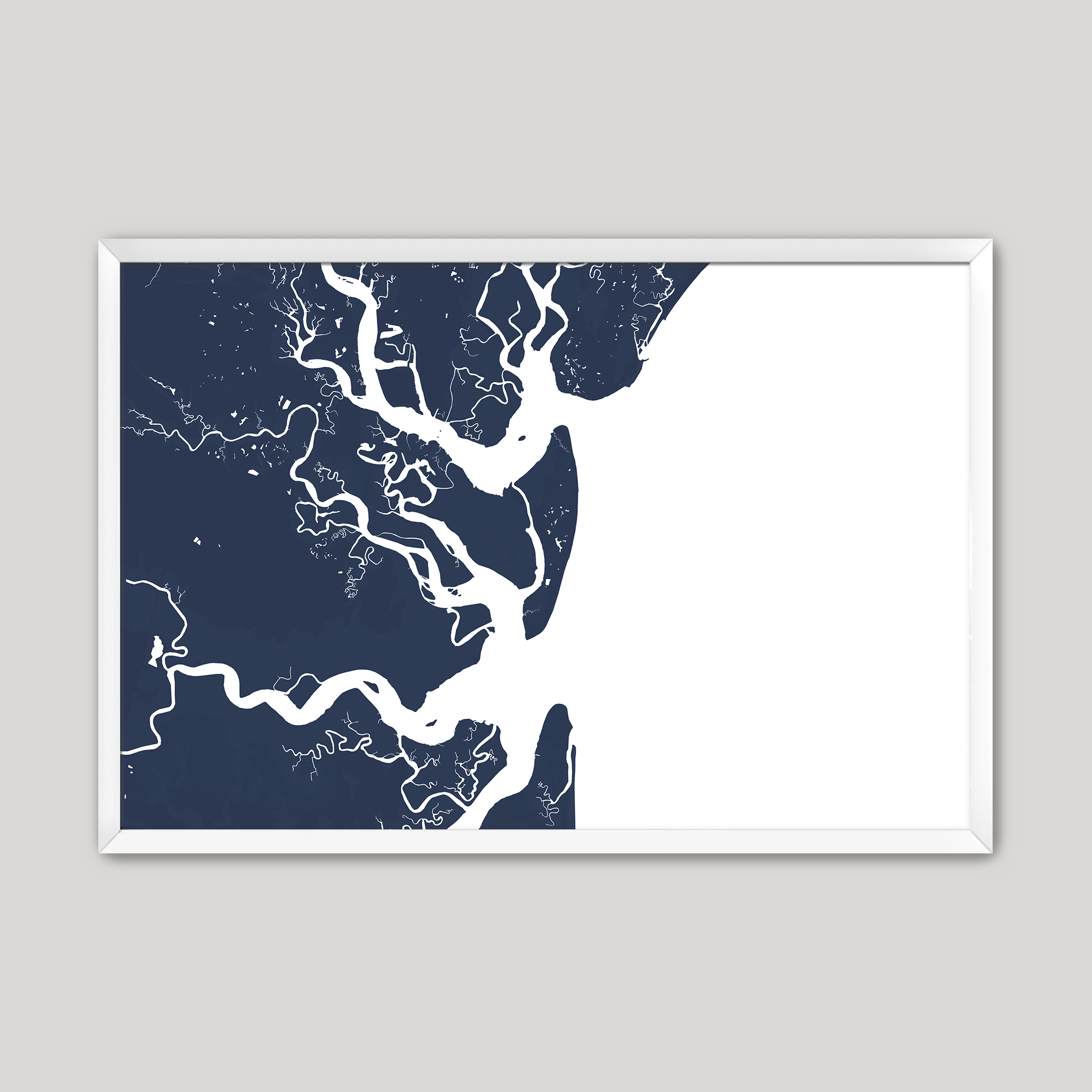 Jekyll Island Coastal Map — Fine Art Print Horizontal, navy, White Frame, 10x8