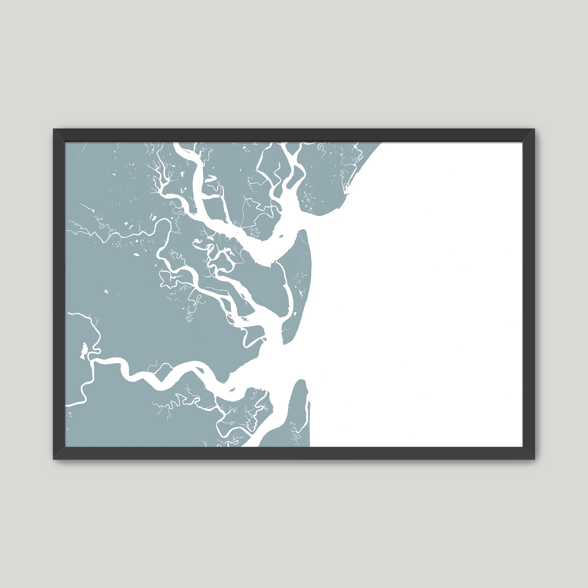 Jekyll Island Coastal Map — Fine Art Print Horizontal, soft-blue, Black Frame, 10x8