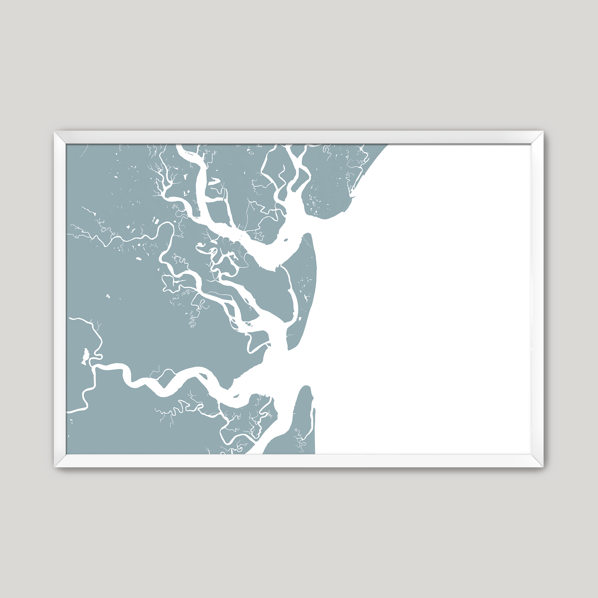 Jekyll Island Coastal Map — Fine Art Print Horizontal, soft-blue, White Frame, 10x8