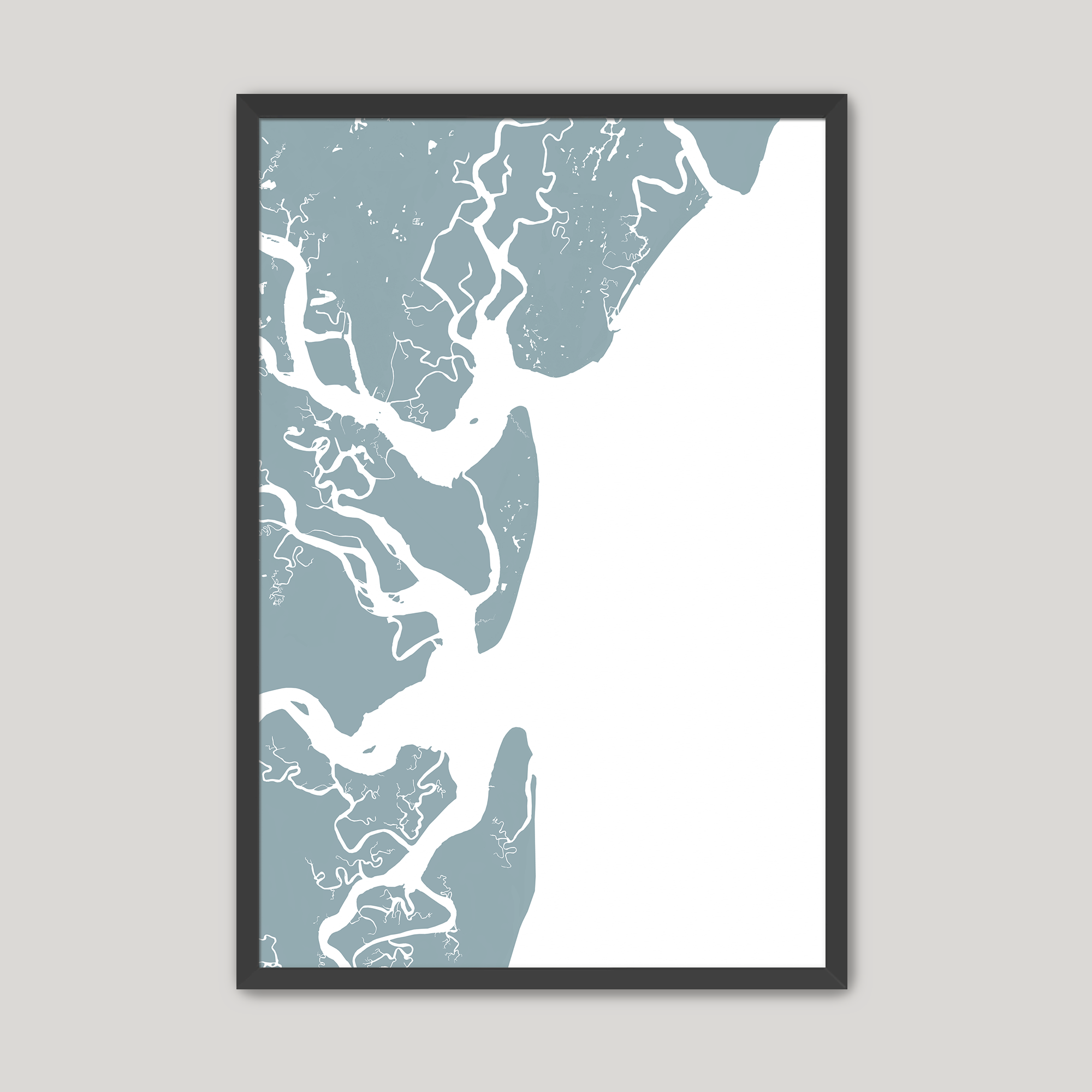 Jekyll Island Coastal Map — Fine Art Print Vertical, soft-blue, Black Frame, 8x10