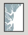 Jekyll Island Coastal Map — Fine Art Print Vertical, soft-blue, Black Frame, 8x10
