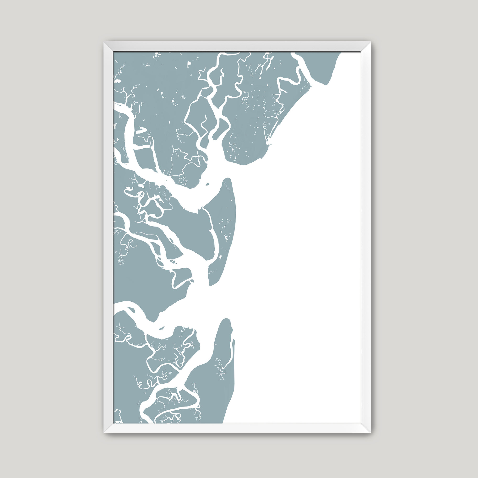 Jekyll Island Coastal Map — Fine Art Print Vertical, soft-blue, White Frame, 8x10