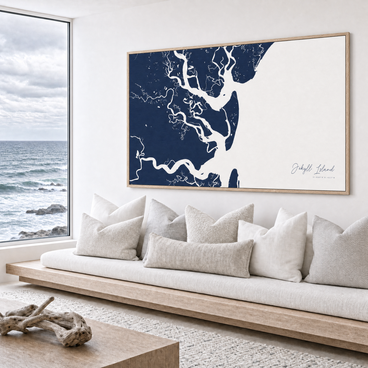 Jekyll Island canvas map — sea-view bench interior