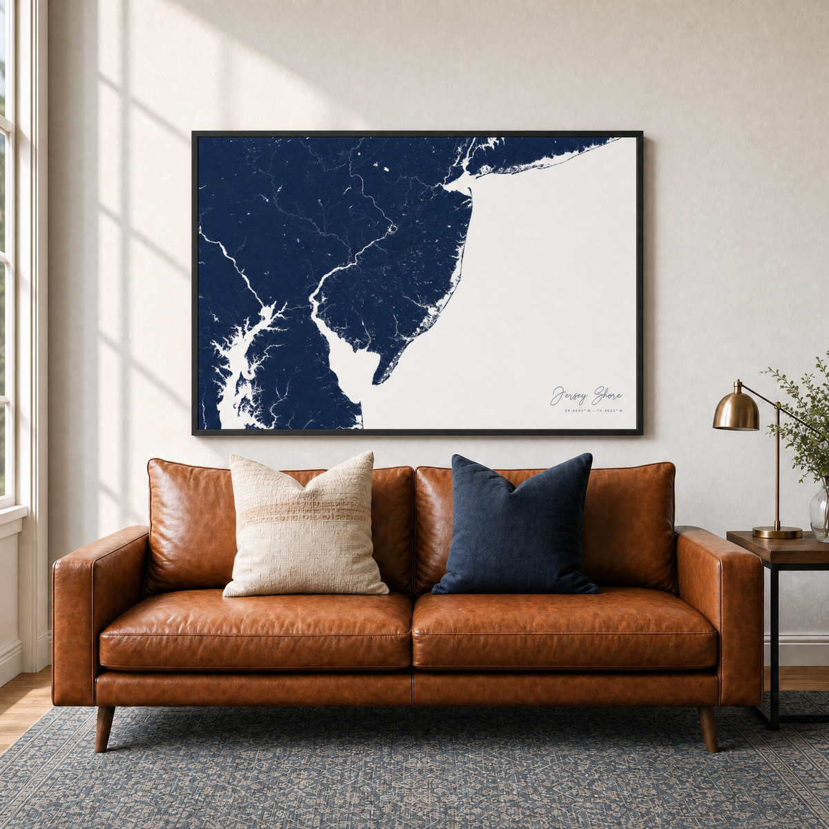 Jersey Shore canvas map — two-pillow black-frame sofa interior