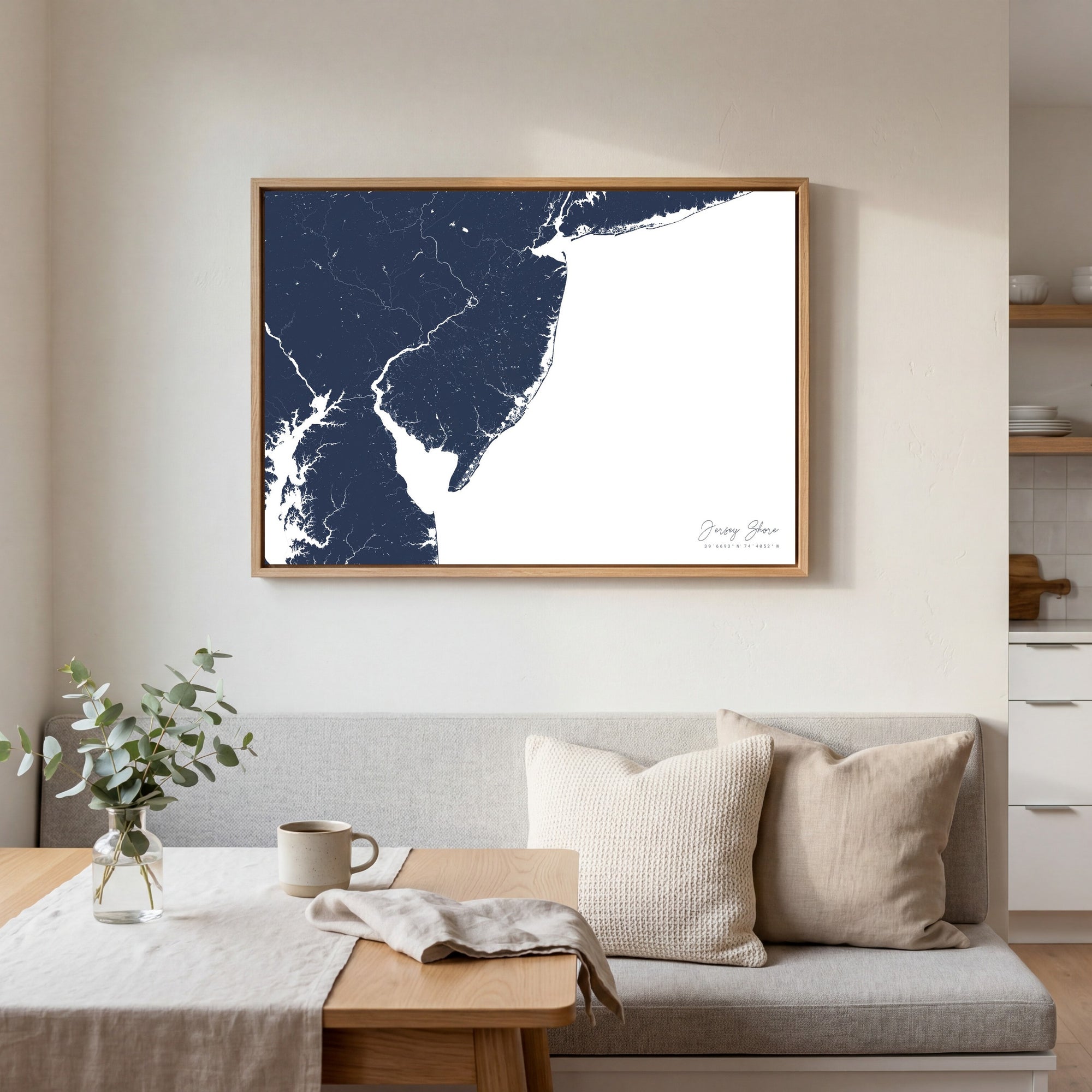 Jersey Shore navy horizontal canvas map in an oak framed room scene