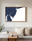 Jersey Shore navy horizontal canvas map in an oak framed room scene