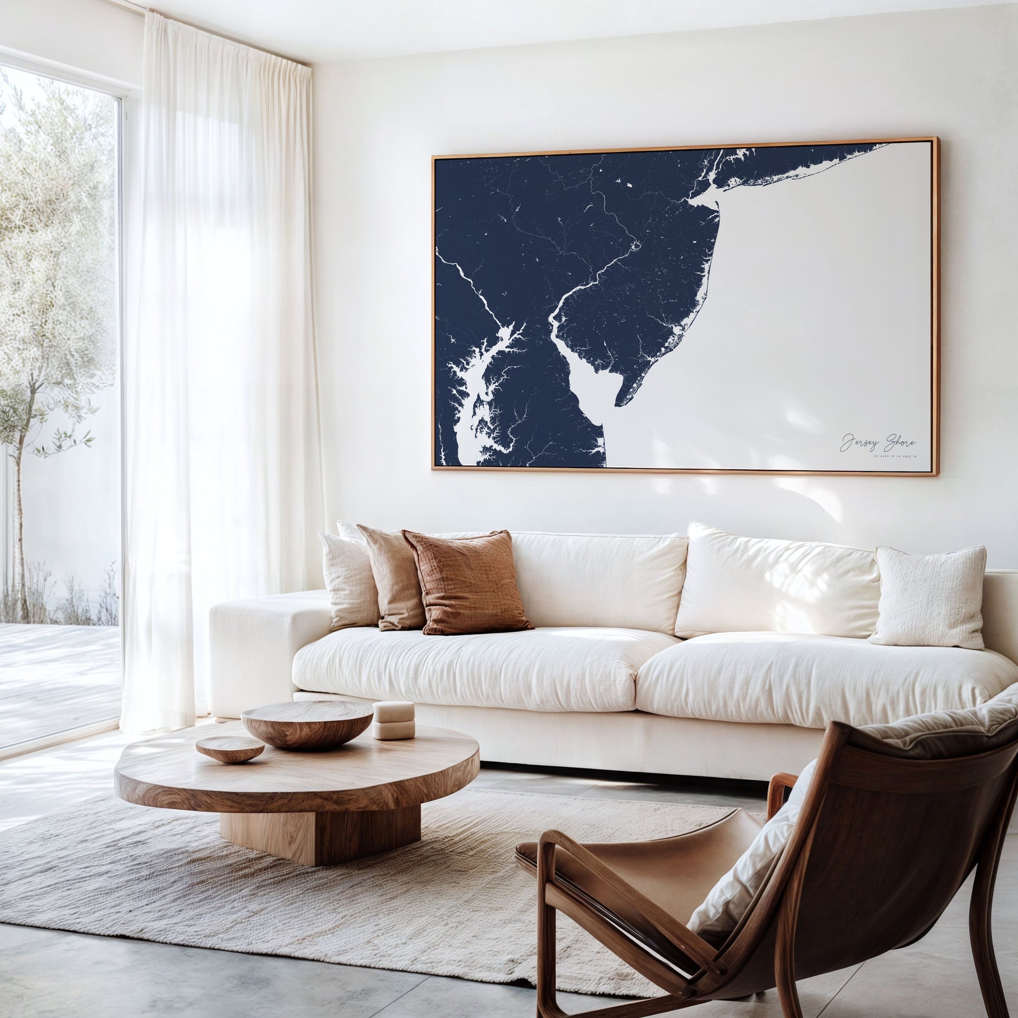 Jersey Shore navy horizontal canvas map in an oak framed room scene