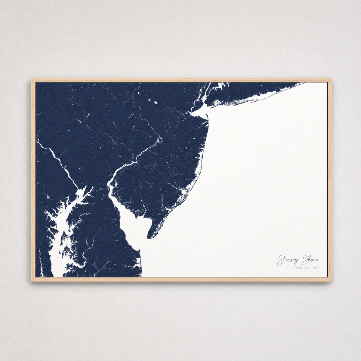 Jersey Shore Coastal Map — Canvas Horizontal — navy, Light Wood
