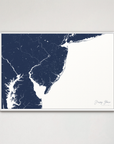 Jersey Shore Coastal Map — Canvas Horizontal, navy, White Frame