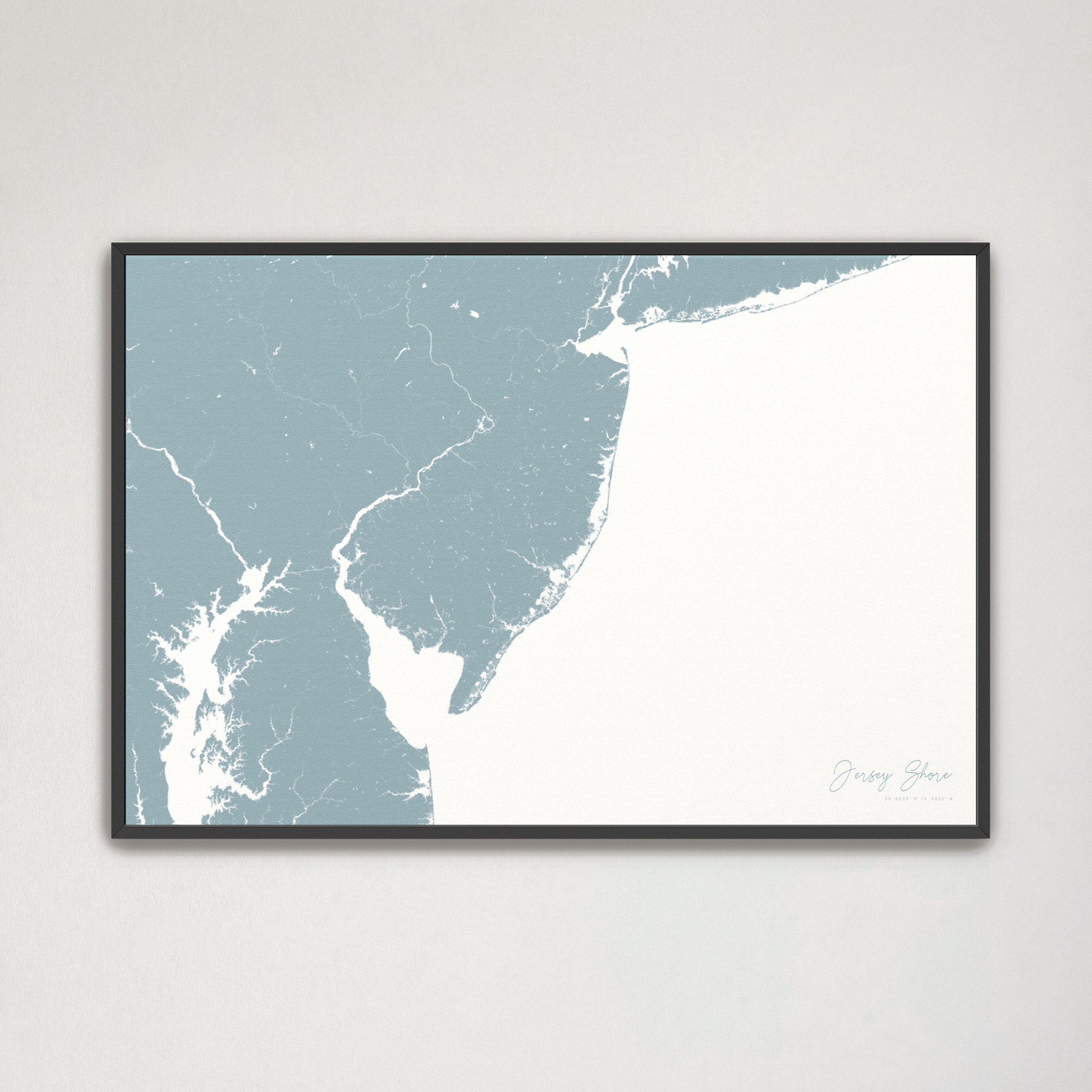 Jersey Shore Coastal Map — Canvas Horizontal, soft-blue, Black Frame